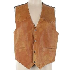 Vintage Tan Brown Real Genuine Leather Gilet Vest Waistcoat Men's Button Front